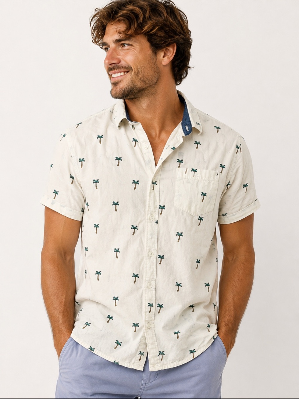 Brave Soul London Men’s M Palm Tree Button Up Shirt Tropical Beach Short